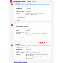 Screenshot of a social media platform displaying a thread about shop orders with TeamsAlert/SlackAlert from Altruan. Multiple users post details about orders, including product descriptions, quantities, and prices.