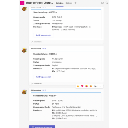 Screenshot of a social media platform displaying a thread about shop orders with TeamsAlert/SlackAlert from Altruan. Multiple users post details about orders, including product descriptions, quantities, and prices.