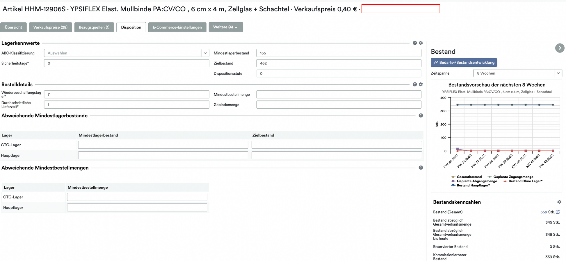 Screenshot einer Computerschnittstelle mit detaillierten Produktinformationen für einen Artikel mit dem Titel „SmartStock Calculator: Weclapp Mindest- und Zielbestandsrechner nach Verbrauch“, der verschiedene Attribute, Preise und ein Verkaufsdiagramm über den Cloud-basierten Altruan anzeigt.