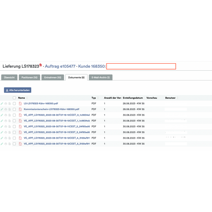 Ein Screenshot der Weclapp Logistik Packing App, der ein digitales Dokumentensystem mit einer Liste von PDF-Dateien zeigt, denen jeweils spezifische Metadaten wie Typ, Seitenzahl, Erstellungsdatum und verborgene Benutzerinformationen zugeordnet sind.