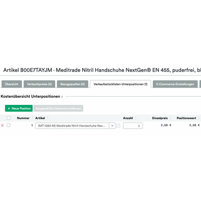 Screenshot einer Website-Seite, auf der eine Bestellung für „UnitTable Sync: Weclapp Verpackungseinheiten und Stücklistengenerator“ mit Amazon-ASINS, Menge und Preis in einer Rasteransicht angezeigt wird.