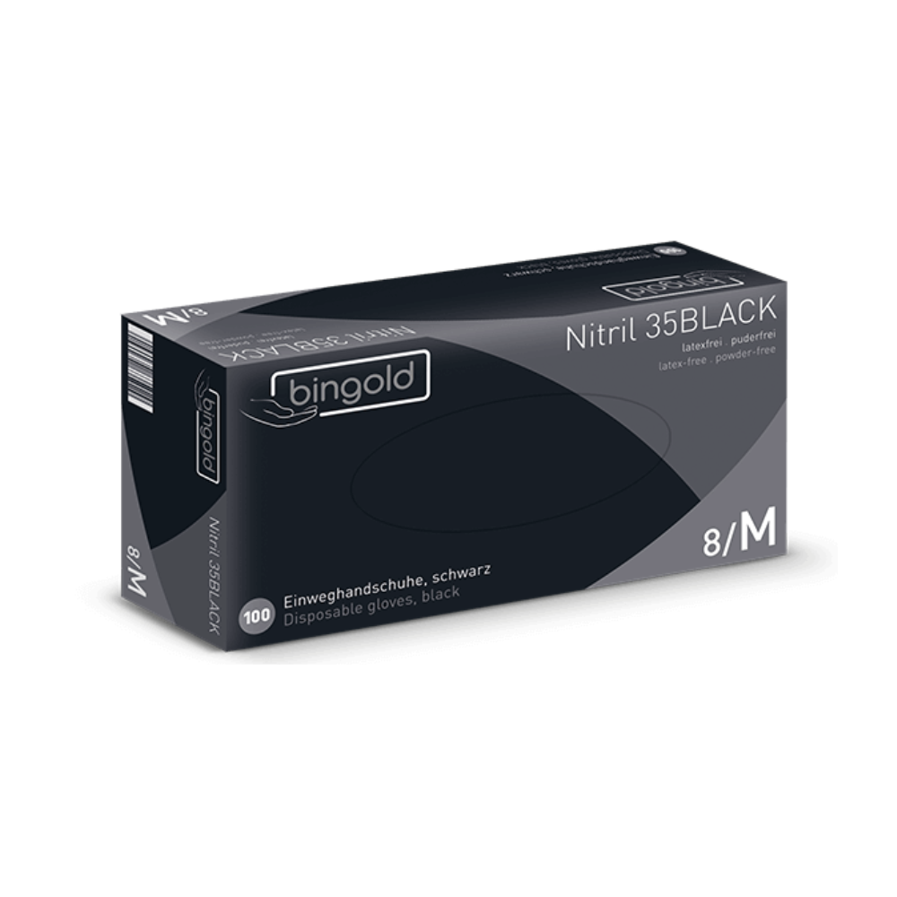 A box of Bingold Nitril 35BLACK Black Nitrile Gloves, a product of BINGOLD GmbH + Co. KG, is presented. These medium-sized gloves are ideal for hygiene areas, latex- and powder-free, and feature multilingual text on the packaging.