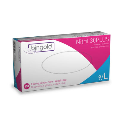 The Bingold Nitril 30PLUS Disposable Gloves, size 9/L, by BINGOLD GmbH + Co. KG, are ideal for the food industry. The white packaging with purple and blue accents features text in German and English. These cobalt blue gloves are latex-free and powder-free.