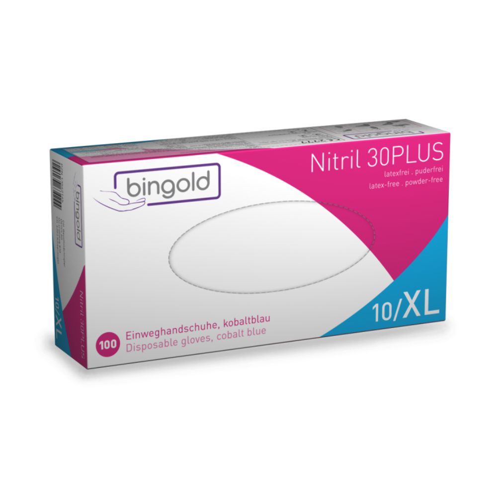 The Bingold Nitril 30PLUS Disposable Gloves by BINGOLD GmbH + Co. KG are delivered in a predominantly white box with pink accents and contain 100 cobalt blue, latex-free, powder-free gloves for the food industry. The size 10/XL is clearly visible on the front.