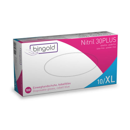 The Bingold Nitril 30PLUS Disposable Gloves by BINGOLD GmbH + Co. KG are delivered in a predominantly white box with pink accents and contain 100 cobalt blue, latex-free, powder-free gloves for the food industry. The size 10/XL is clearly visible on the front.