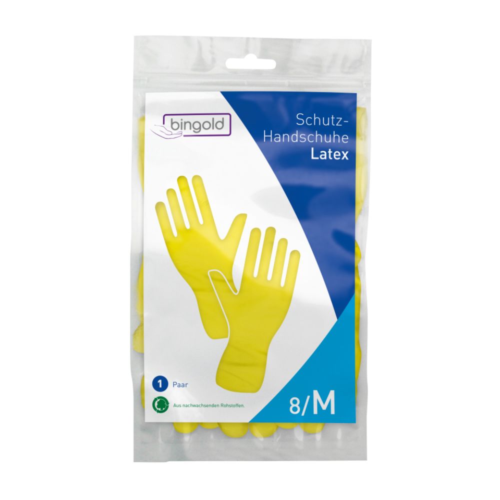 The packaging for Bingold protective gloves Latex, Yellow, size 8/M, from BINGOLD GmbH + Co. KG, contains a German text and an image of the gloves. The transparent design offers a clear view inside, perfect for professional cleaning purposes. Made from natural rubber latex.
