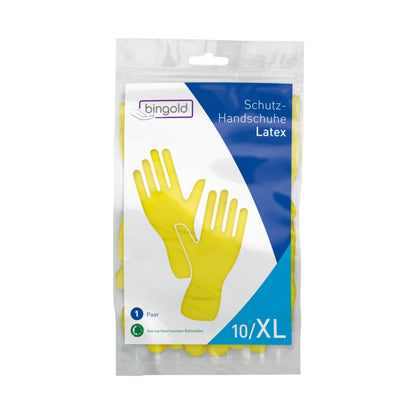 The Bingold protective gloves Latex, Yellow in size XL are packaged in a clear sleeve and labeled with an image of yellow gloves. The label text "Protective gloves Latex" emphasizes their use as chemical protective gloves. Contains one pair. Brand: BINGOLD GmbH + Co. KG.
