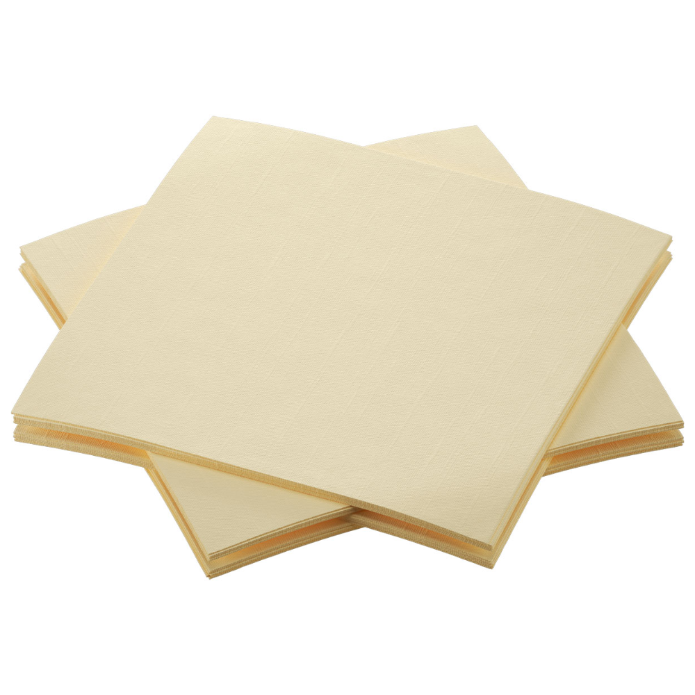 A set of four Bio Dunisoft® napkins from Duni GmbH in elegant beige is neatly arranged, with each napkin slightly overlapping the others. With a subtle texture pattern and a white background, these napkins are perfect for lovers of sustainable gastronomy.