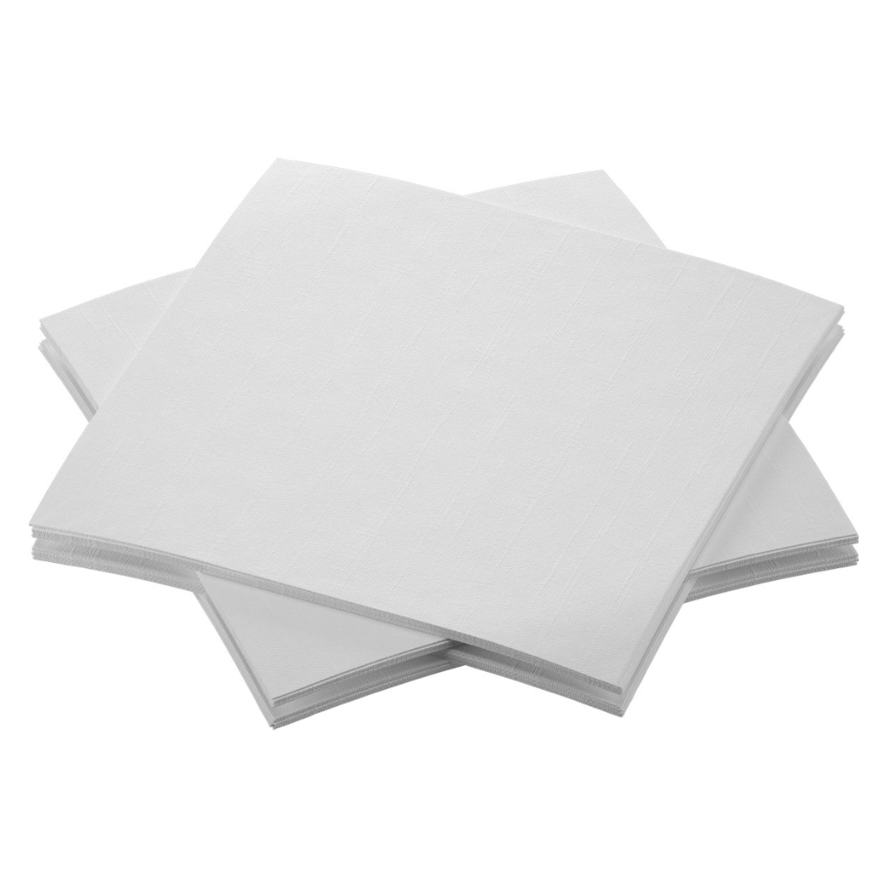A stack of Bio Dunisoft® napkins from Duni GmbH, arranged haphazardly on a white background. The napkins have a fabric-like feel, are unused, and neatly lined up.