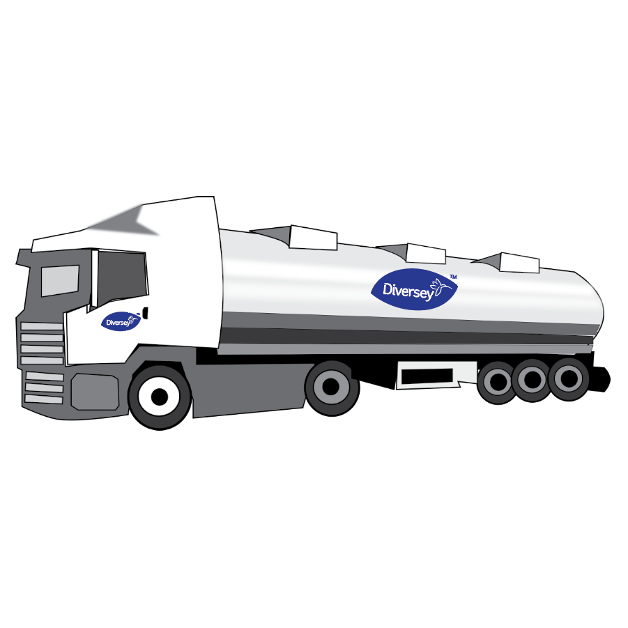 A white tanker truck with a silver tank and three rear axles, bearing the logo of Diversey Deutschland GmbH & Co. OHG on the driver's door and tank, advertises Suma Rinse A5 – Neutral Rinse Aid for streak-free results, depicted from the side on a plain white background.