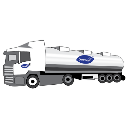 A white tanker truck with a silver tank and three rear axles, bearing the logo of Diversey Deutschland GmbH & Co. OHG on the driver's door and tank, advertises Suma Rinse A5 – Neutral Rinse Aid for streak-free results, depicted from the side on a plain white background.