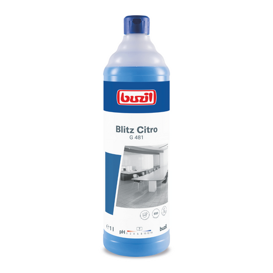 Eine Flasche Buzil Blitz Citro G 481 Universalreiniger von BUZIL-WERK Wagner GmbH & Co. KG verspricht mit ihrem erfrischenden Zitrusduft streifenfreie Sauberkeit. Das Etikett mit der Abbildung einer glänzenden Küchentheke unterstreicht seine Vielseitigkeit als Universalreiniger. Mit einem pH-Wert von 7 ist die Flasche mit dem blauen Verschluss ein Allzweckreiniger.