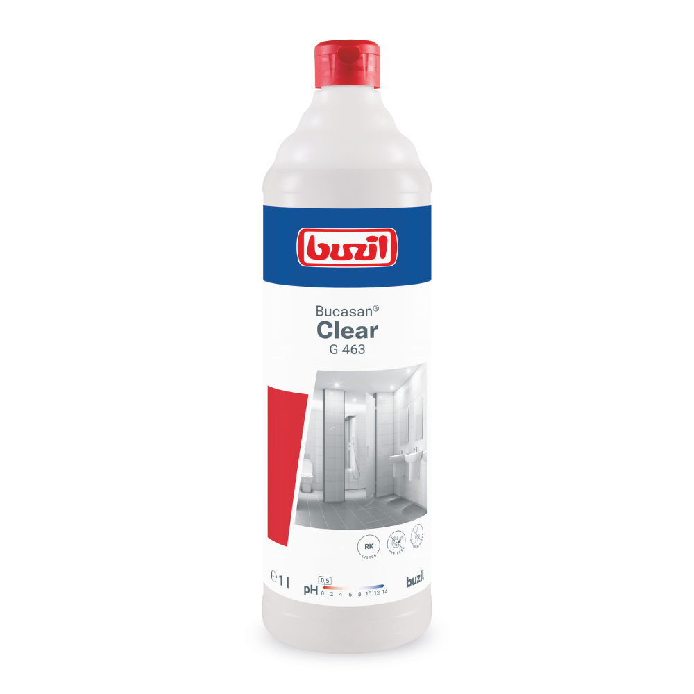 A white 1-liter plastic bottle of Buzil Bucasan® Clear G 463, manufactured by BUZIL-WERK Wagner GmbH & Co. KG, with a red cap and a label that, in addition to product information, also shows images of a sparkling clean bathroom. The label emphasizes its function as a dye-free sanitary maintenance cleaner with odor blocker for removing lime deposits.