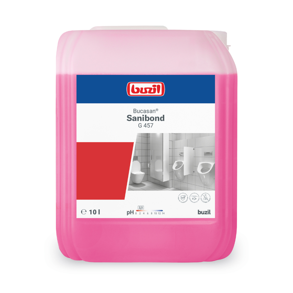 The pink 10-liter container of Buzil Bucasan® Sanibond G 457 Viscous Sanitary Maintenance Cleaner from BUZIL-WERK Wagner GmbH & Co. KG features a label with a bathroom illustration showing a sink and urinals. This lime remover ensures streak-free shine and impresses with an effective pH value of 1.
