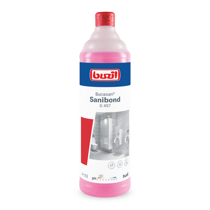 A 1-liter bottle of Buzil Bucasan® Sanibond G 457 Viscous Sanitary Maintenance Cleaner with pink liquid bears the branding of BUZIL-WERK Wagner GmbH & Co. KG. The label is designed with blue and red elements, showing the product name and images of a toilet for streak-free shine. The bottle is equipped with a red cap.