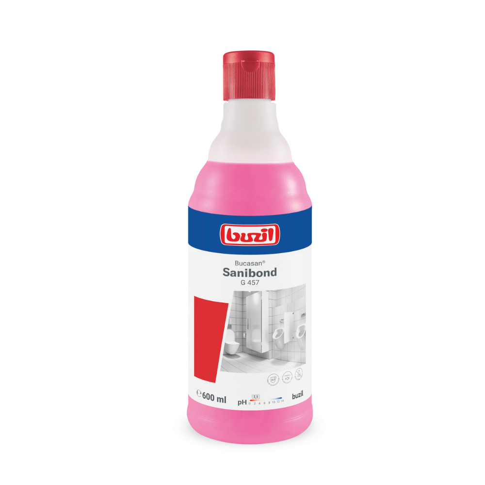 A 600 ml bottle of Buzil Bucasan® Sanibond G 457 Viscous Sanitary Maintenance Cleaner from BUZIL-WERK Wagner GmbH & Co. KG, containing a pink liquid with a blue and white label and a red cap. The sanitary cleaner promises streak-free shine, shows images of bathroom fixtures, and provides pH information.