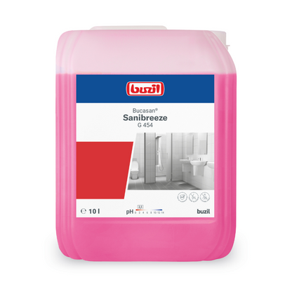 A pink 10-liter container of Buzil Bucasan® Sanibreeze G 454 sanitary maintenance cleaner, manufactured by BUZIL-WERK Wagner GmbH & Co. KG, is labeled with the brand logo, product name, and a bathroom image. It highlights its ability to remove lime deposits and keep surfaces spotless thanks to its citric acid-based formula with odor blocker.
