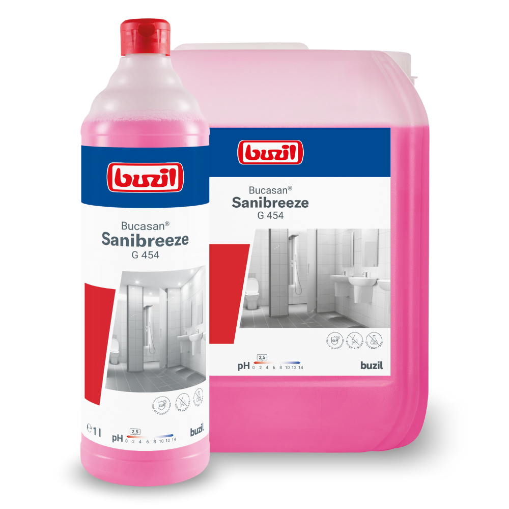 A bottle and a container of Buzil Bucasan® Sanibreeze G 454 citric acid-based sanitary maintenance cleaner from BUZIL-WERK Wagner GmbH & Co. KG, with a pink liquid adorned with images of a spotless bathroom, serve as an efficient cleaning solution. The bottle stands confidently in front of the larger container, showcasing its ability to effectively maintain hygienic conditions with its odor-blocking formula.