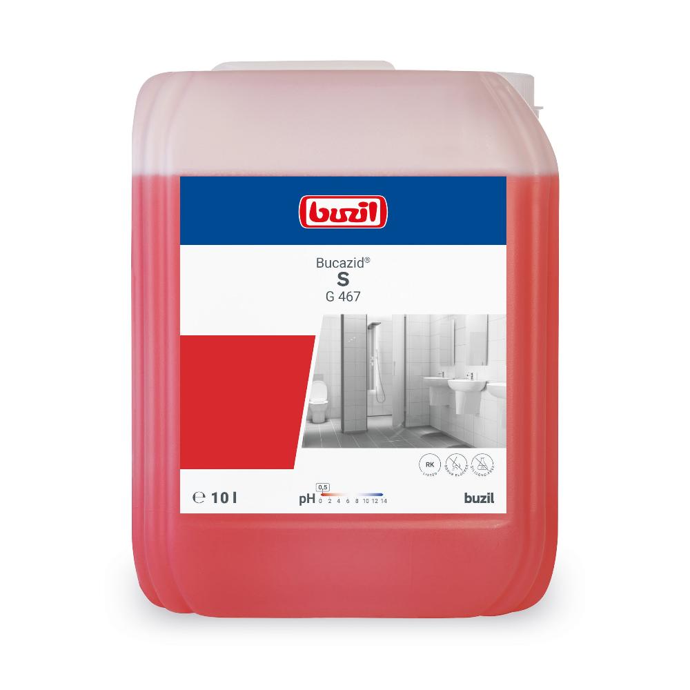 A 10-liter container of Buzil Bucazid® S G 467 sanitary cleaner with odor blocker from BUZIL-WERK Wagner GmbH & Co. KG bears the brand logo, product name, and a bathroom illustration on the label. The red liquid in the transparent bottle ensures effective lime removal and spotless cleanliness.