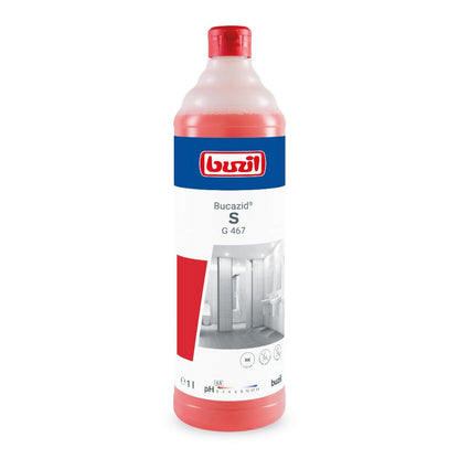 A 1-liter bottle of Buzil Bucazid® S G 467 sanitary cleaner with odor blocker, a red liquid from BUZIL-WERK Wagner GmbH & Co. KG, is specially designed for lime removal and features the product name and the image of a pristine bathroom on the label.