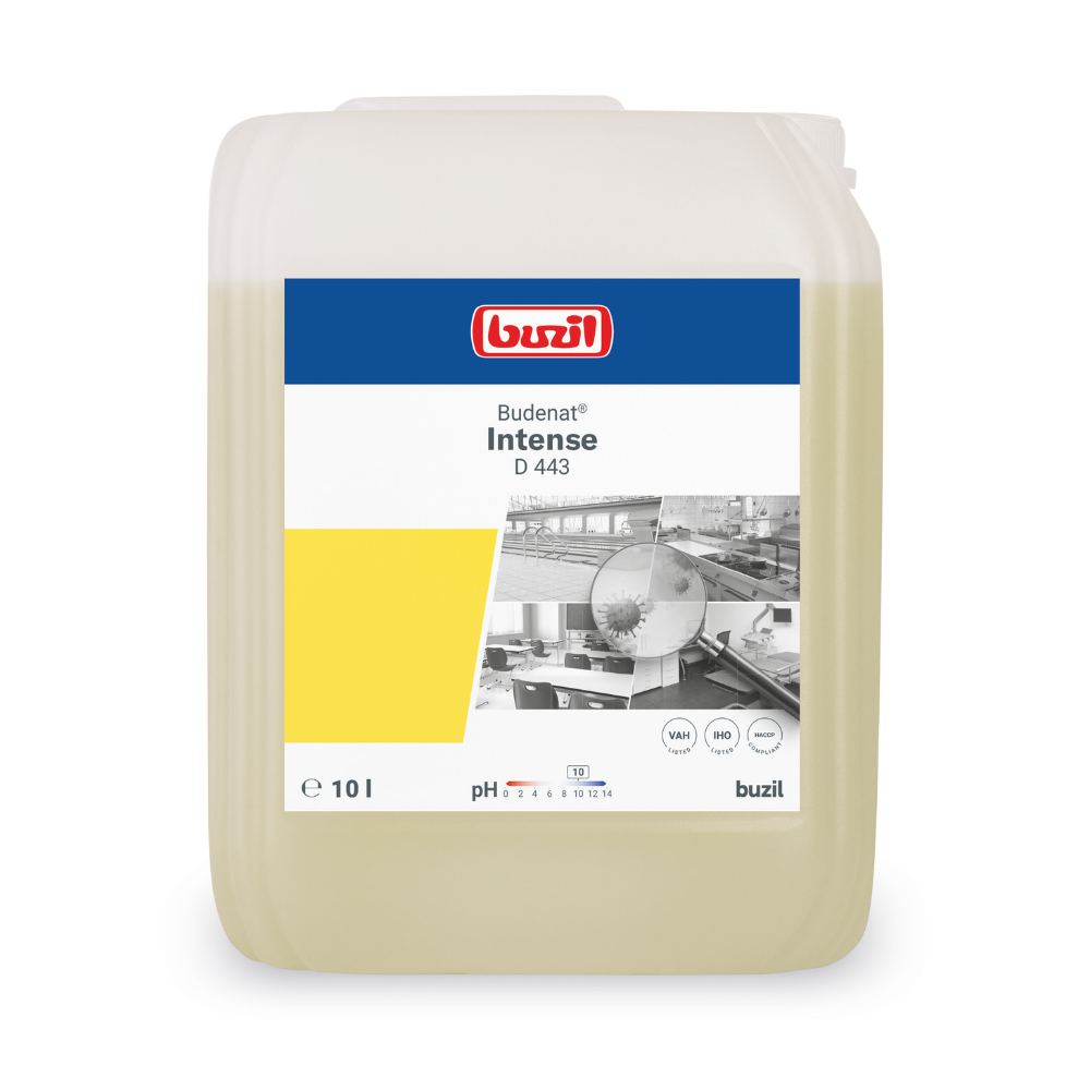 A 10-liter container of Buzil Budenat® Intense D 443 Highly Efficient Disinfectant Cleaner from BUZIL-WERK Wagner GmbH & Co. KG. The label is designed in blue, white, and yellow and features a kitchen image. It includes symbols of the HACCP concept, with the pH value and certification symbols clearly visible to ensure bactericidal cleaning.