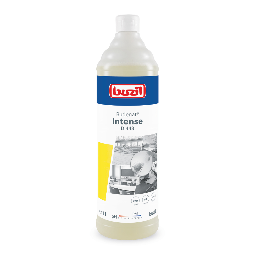 Eine Flasche Buzil Budenat® Intense Hocheffizienter Desinfektionsreiniger von BUZIL-WERK Wagner GmbH & Co. KG ist mit einem blau-weißen Etikett versehen, auf dem Reinigungsszenarien abgebildet sind. Mit einem Volumen von 1 Liter und einem pH-Indikator entspricht sie dem HACCP-Konzept für eine effektive bakterizide Reinigung.