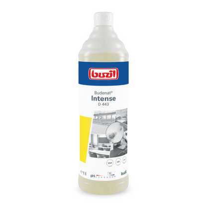 A 1-liter bottle of Buzil Budenat® Intense D 443 Highly Efficient Disinfectant Cleaner from BUZIL-WERK Wagner GmbH & Co. KG is adorned with blue-red branding and images representing clean environments. It contains pH information and usage instructions, making it ideal for HACCP concept applications to ensure bactericidal effectiveness in professional environments.