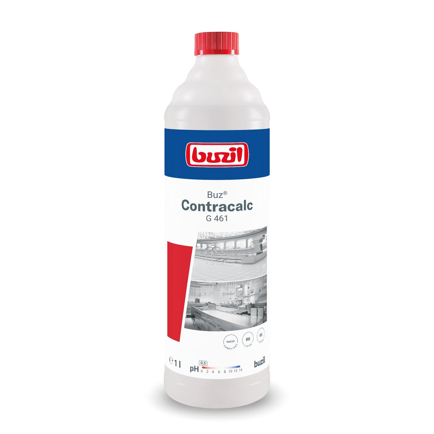 A 1-liter bottle of Buzil Buz® Contracalc G 461 Colorless Basic Cleaner and Descaler from BUZIL-WERK Wagner GmbH & Co. KG features product details, a red cap, and an application image. This phosphoric acid-based cleaner is ideal for cleaning and descaling.