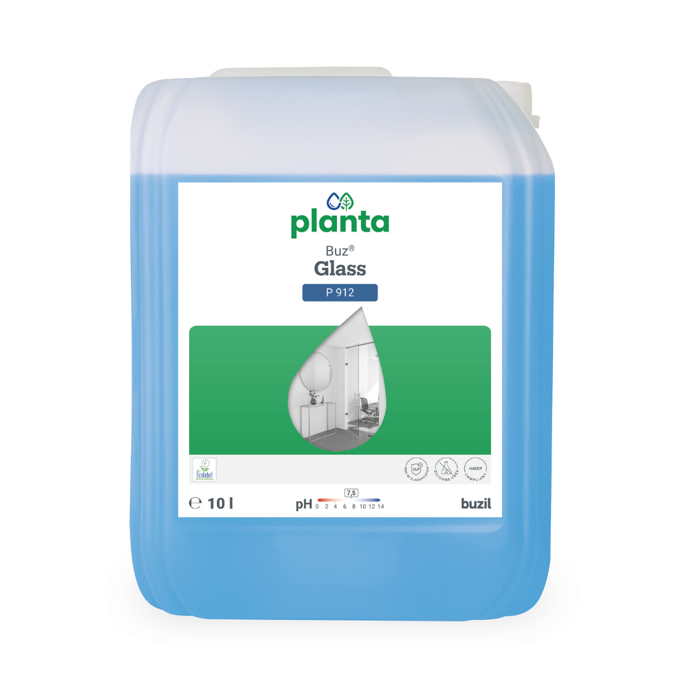 Ein 10-Liter-Behälter mit Buzil Planta Buz® Glass P 912 Ökologischer Glas- und Oberflächenreiniger von BUZIL-WERK Wagner GmbH & Co. KG, mit blauer Flüssigkeit im Inneren. Das Etikett zeigt ein Tropfenbild über einem grünen Rechteck und enthält Symbole, die die ök0-zertifizierten und pH-neutralen Eigenschaften hervorheben.