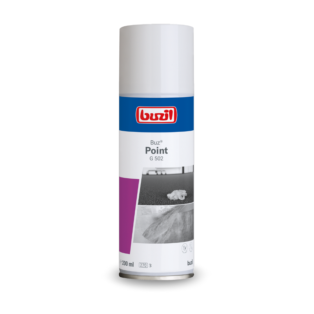A stain remover bottle Buzil Buz® Point G 502 from BUZIL-WERK Wagner GmbH & Co. KG, ideal for textile coverings and surfaces. The 200 ml bottle features a white label with red-blue branding, adorned with an image of a table with a cloth, effectively removing water-insoluble dirt.