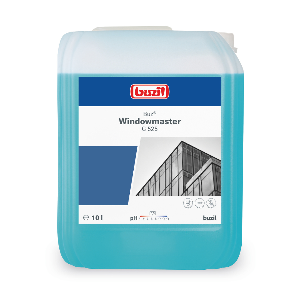 On a blue 10-liter container of Buzil Buz® Windowmaster G 525 glass and window cleaner concentrate from BUZIL-WERK Wagner GmbH & Co. KG, there is a label with the image of a building with glass windows. It also highlights the fast-drying formula with a pH range of about 7 indicated.