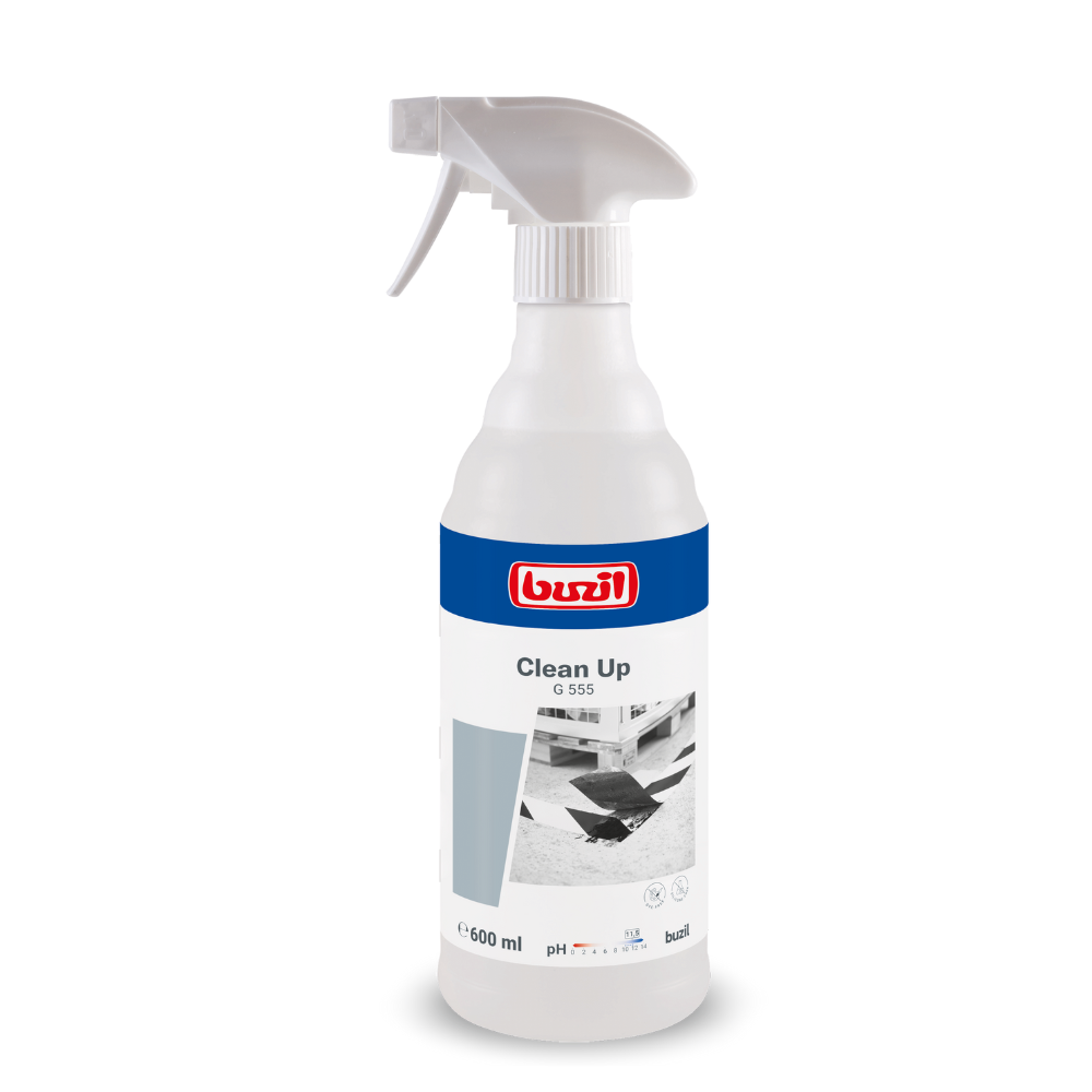 A white spray bottle labeled “Buzil Clean Up G 555 Ready-to-use Special Stain Remover” from BUZIL-WERK Wagner GmbH & Co. KG features a red-blue logo. It has a capacity of 600 ml and shows a graphic of a floor and a person wiping. The label is designed for industrial applications and emphasizes the pH value, the mild formula, and the effective cleaning performance.