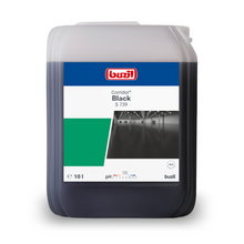 A 10-liter canister of Buzil Corridor® Black S 739 black dispersion, perfect for professional floor care. The predominantly black container features a white-green label with the product name and an image of a polished floor, ideal for achieving this black dispersion finish.