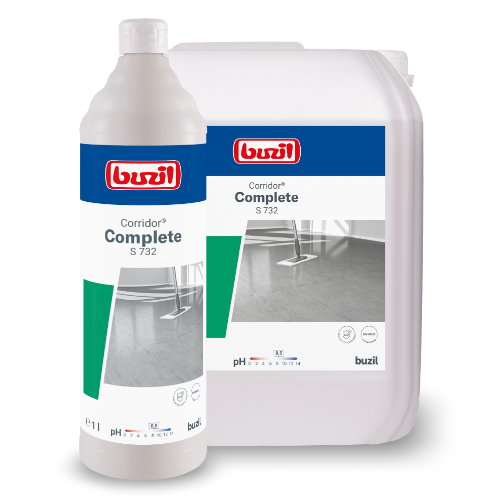 A large bottle and a container with Buzil Corridor® Complete S 732 multi-purpose emulsion surface cleaner, developed for water-resistant floor coverings, are presented. Both are labeled with the product name and a floor image. The bottle includes a measuring scale, and both display pH information highlighting the multi-purpose emulsion formula.