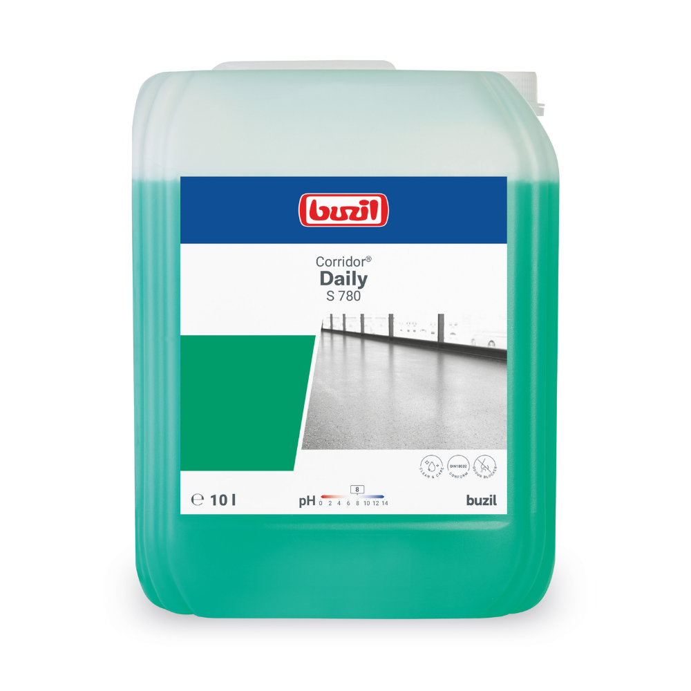 A 10-liter container of the floor cleaner Buzil Corridor® Daily S 780 floor care with odor blocker from BUZIL-WERK Wagner GmbH & Co. KG contains a green liquid that is perfect for water-resistant floors. The label shows the brand logo, product name, a photo of a polished floor, and pH information.