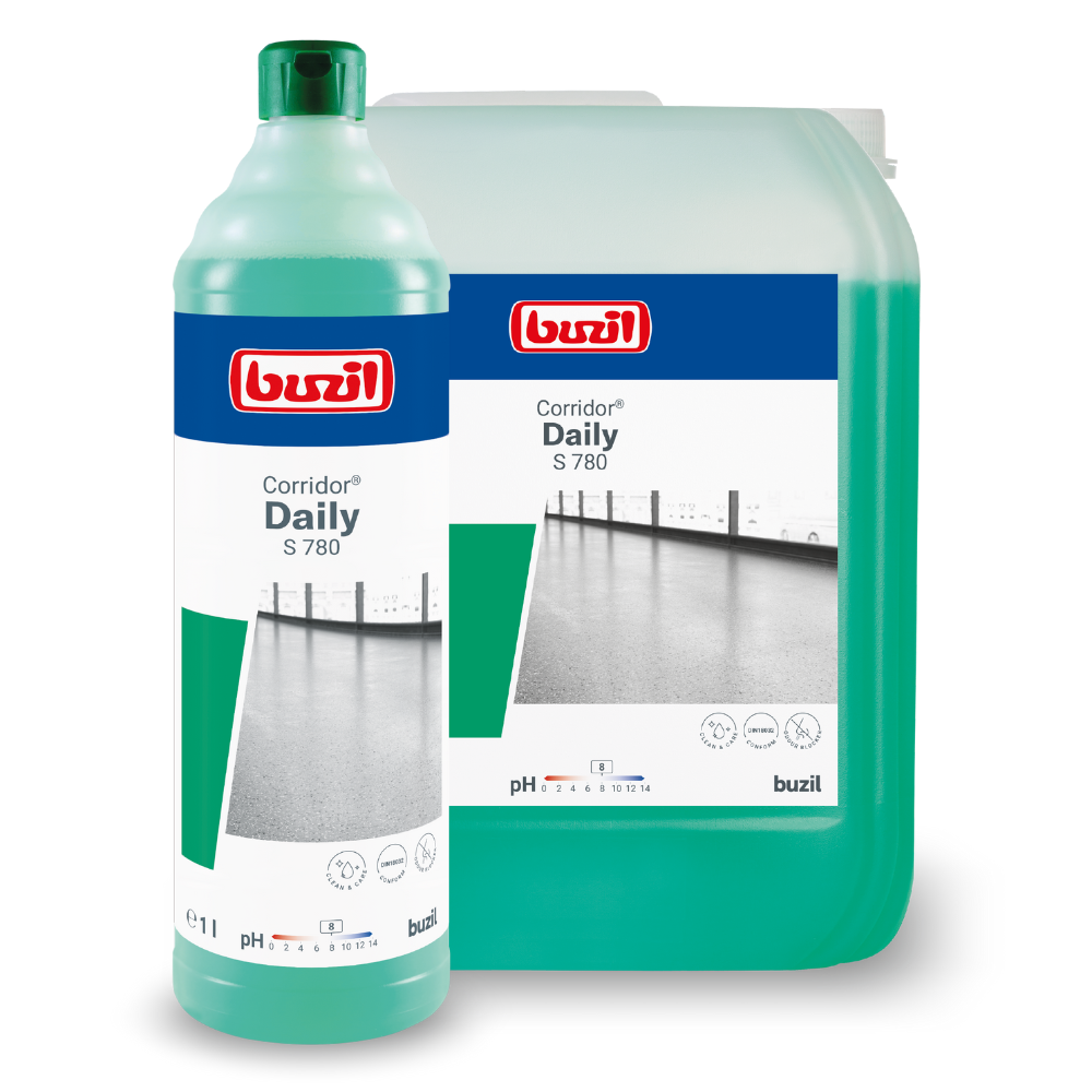 A bottle and a large container of Buzil Corridor® Daily S 780 floor care with odor blocker from BUZIL-WERK Wagner GmbH & Co. KG are optimally suited for the care of water-resistant floors. They are labeled with product information such as pH value and fill quantity, with the bottle holding 1 liter. The container is transparent, allowing you to see the green liquid inside.