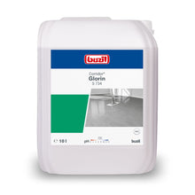 The Buzil Corridor® Glorin S 734 Allround self-gloss dispersion in a plastic canister from BUZIL-WERK Wagner GmbH & Co. KG is ideal for PVC and linoleum floors. The front label features a design in blue, green, and gray with the image of a mop on a tiled floor. This 10-liter canister offers an efficient self-gloss dispersion solution.