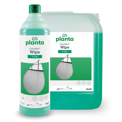 The image shows a bottle and a container with Buzil Corridor® Wipe P 930 Ecological, polymer-based wipe care with odor blocker, manufactured by BUZIL-WERK Wagner GmbH & Co. KG. The label features a large drop graphic with a floor image highlighting the ecological cleaning properties with a pH value of 8.5 against a predominantly green-white background.