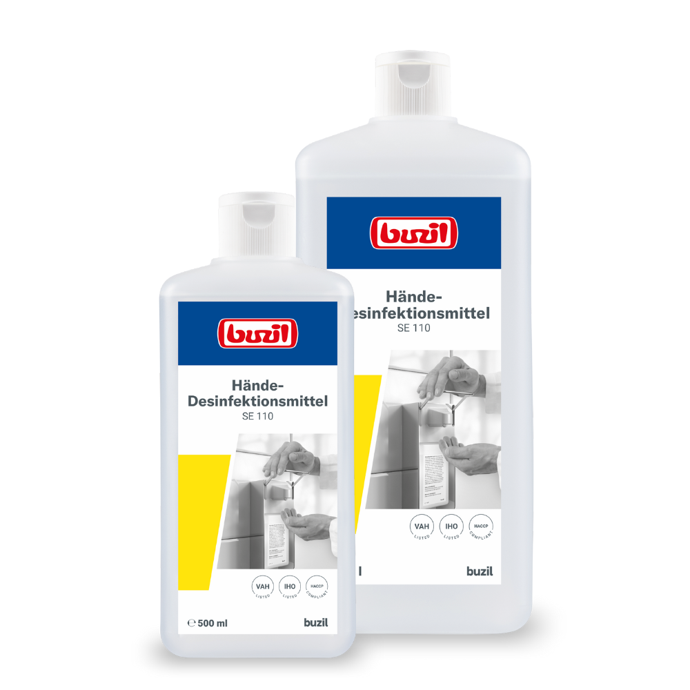 Two bottles of “Buzil Hand Sanitizer SE 110, ready-to-use“ from BUZIL-WERK Wagner GmbH & Co. KG in sizes 500 ml and 1 L, with a label showing a person using the sanitizer. The German text emphasizes the skin-friendly and bactericidal properties and includes several certification symbols.