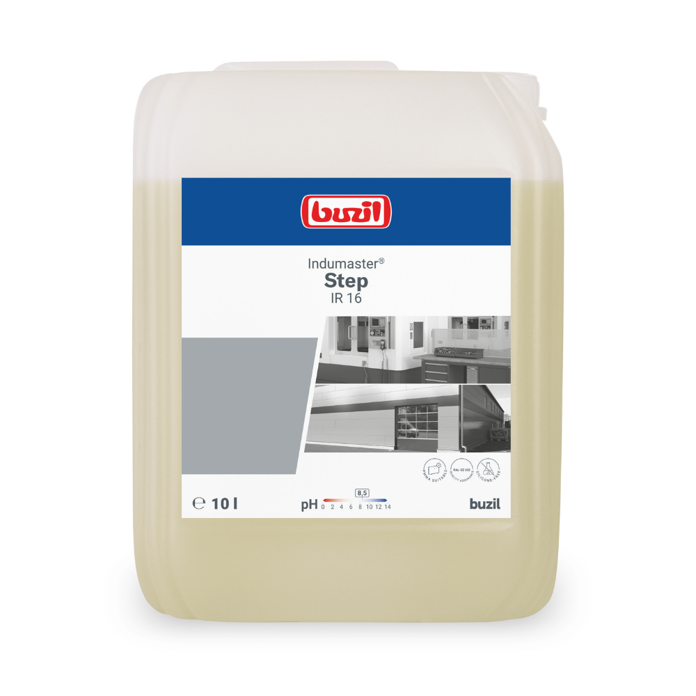 Displayed is a 10-liter container of Buzil Indumaster® Step IR 16 Neutral and material-friendly industrial cleaner from BUZIL-WERK Wagner GmbH & Co. KG with a blue-white label with a red logo. The label contains kitchen images and a pH range bar as well as markings for 10l and pH 9.