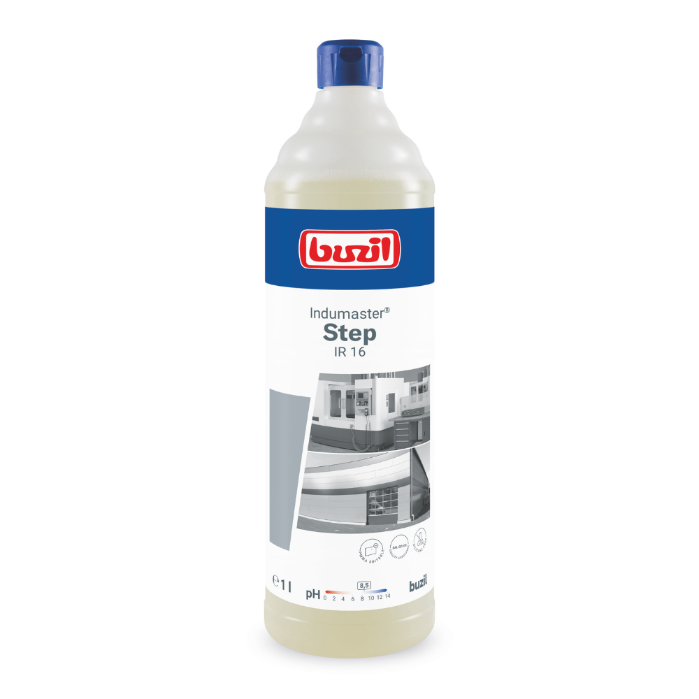 A one-liter bottle of the floor cleaner Buzil Indumaster® Step IR 16 from BUZIL-WERK Wagner GmbH & Co. KG has a blue-red logo at the top of the label, along with text and a grayscale image of building surfaces, as well as a blue cap.