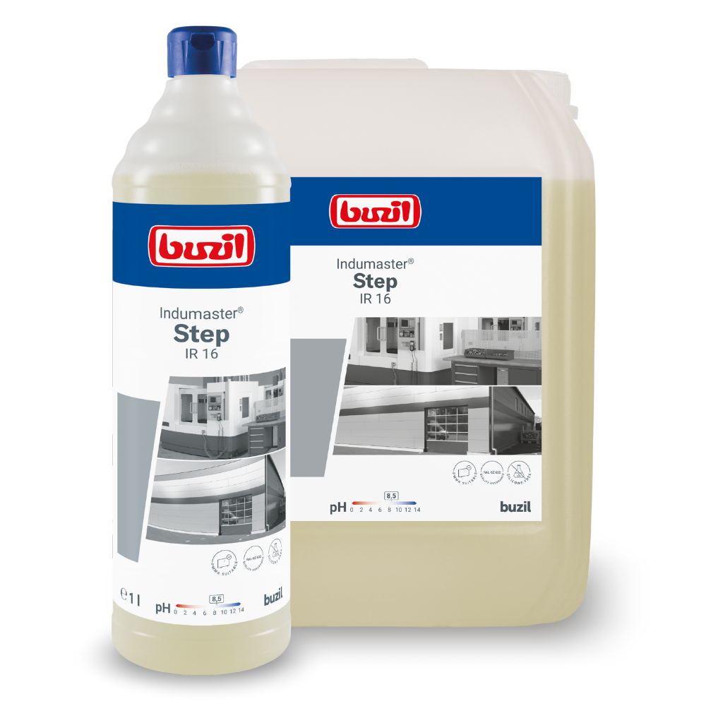 Displayed are two cleaning products: In the foreground is a tall bottle with a blue cap and the label “Buzil Indumaster® Step IR 16 Neutral and material-friendly industrial cleaner”. Behind it is a larger container with the same label. Both containers show images of different surfaces.