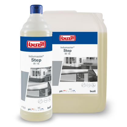 Displayed are two cleaning products: In the foreground is a tall bottle with a blue cap and the label “Buzil Indumaster® Step IR 16 Neutral and material-friendly industrial cleaner”. Behind it is a larger container with the same label. Both containers show images of different surfaces.