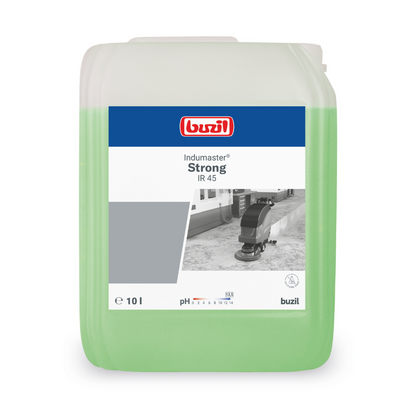 A 10-liter container of Buzil Indumaster® Strong IR 45 High-Alkaline High-Performance Industrial Cleaner, designed for use on alkali-resistant floors. The label shows a cleaning machine on a polished surface, and the light green liquid inside shines. The container's carrying handle is conveniently placed at the top right. This product is from BUZIL-WERK Wagner GmbH & Co. KG.
