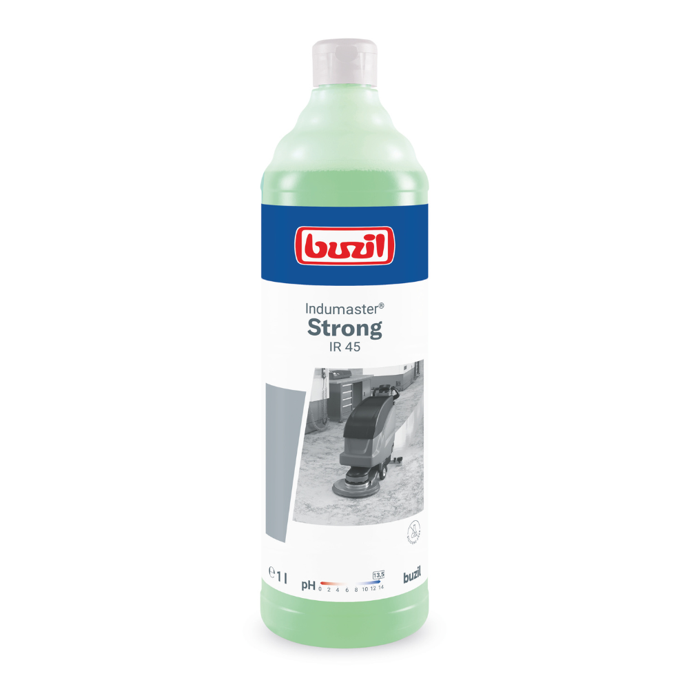 A 1-liter bottle of Buzil Indumaster® Strong IR 45, a high-alkaline industrial floor cleaner, ideal for alkali-resistant floors. The label features a blue-red design and a grayscale image of a floor cleaning machine, while the light green liquid inside ensures thorough fire damage restoration.