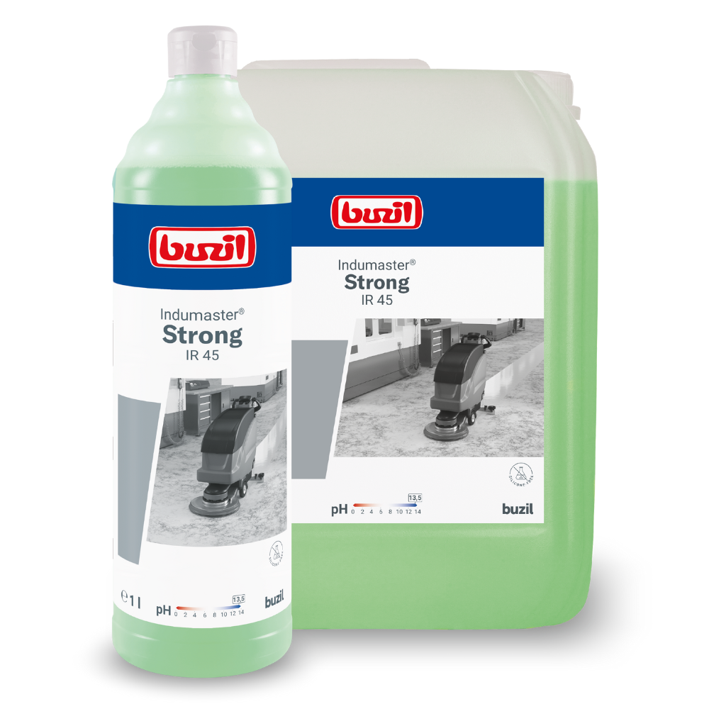 Pictured are two containers of Buzil Indumaster® Strong IR 45 High-Alkaline High-Performance Industrial Cleaner from BUZIL-WERK Wagner GmbH & Co. KG. The smaller bottle, intended for use on alkali-resistant floors, is identified by a white cap and contains a green liquid. The larger container is a translucent jug with a label showing a floor cleaning machine for industrial cleaner applications.