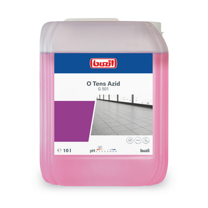 For combating lime deposits, a 10-liter container with Buzil O Tens Azid G 501, a pink surfactant-free cleaner from BUZIL-WERK Wagner GmbH & Co. KG, is helpful. The label features the brand logo, product name, pH value 1, and an image of a tiled floor – ideal for maintaining flawless porcelain stoneware tiles.