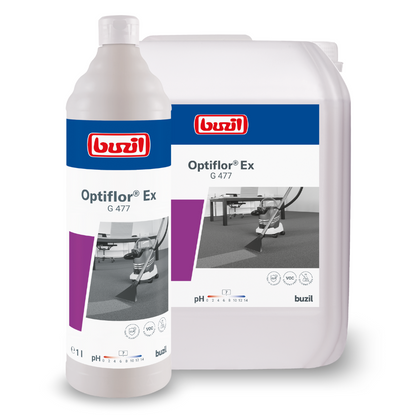 The image shows two containers of Buzil Optiflor® Ex G 477 carpet cleaner for spray extraction carpet cleaning: a white bottle and a large canister, both branded with BUZIL-WERK Wagner GmbH & Co. KG.