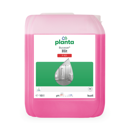 A pink 10-liter container of Buzil Planta Bucasan® Hit P 921, an ecological sanitary maintenance cleaner, bears a green-white label with a water droplet and a bathroom image. The pH-1 formula ensures streak-free shine. The brand name BUZIL-WERK Wagner GmbH & Co. KG is depicted at the bottom right.