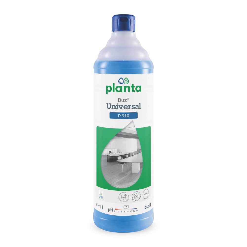 A 1-liter bottle of Buzil Planta Buz® Universal P 910 Ecological Universal Cleaner from BUZIL-WERK Wagner GmbH & Co. KG with a blue cap and a label featuring product details such as a pH indicator, the EU Ecolabel, and a room image.